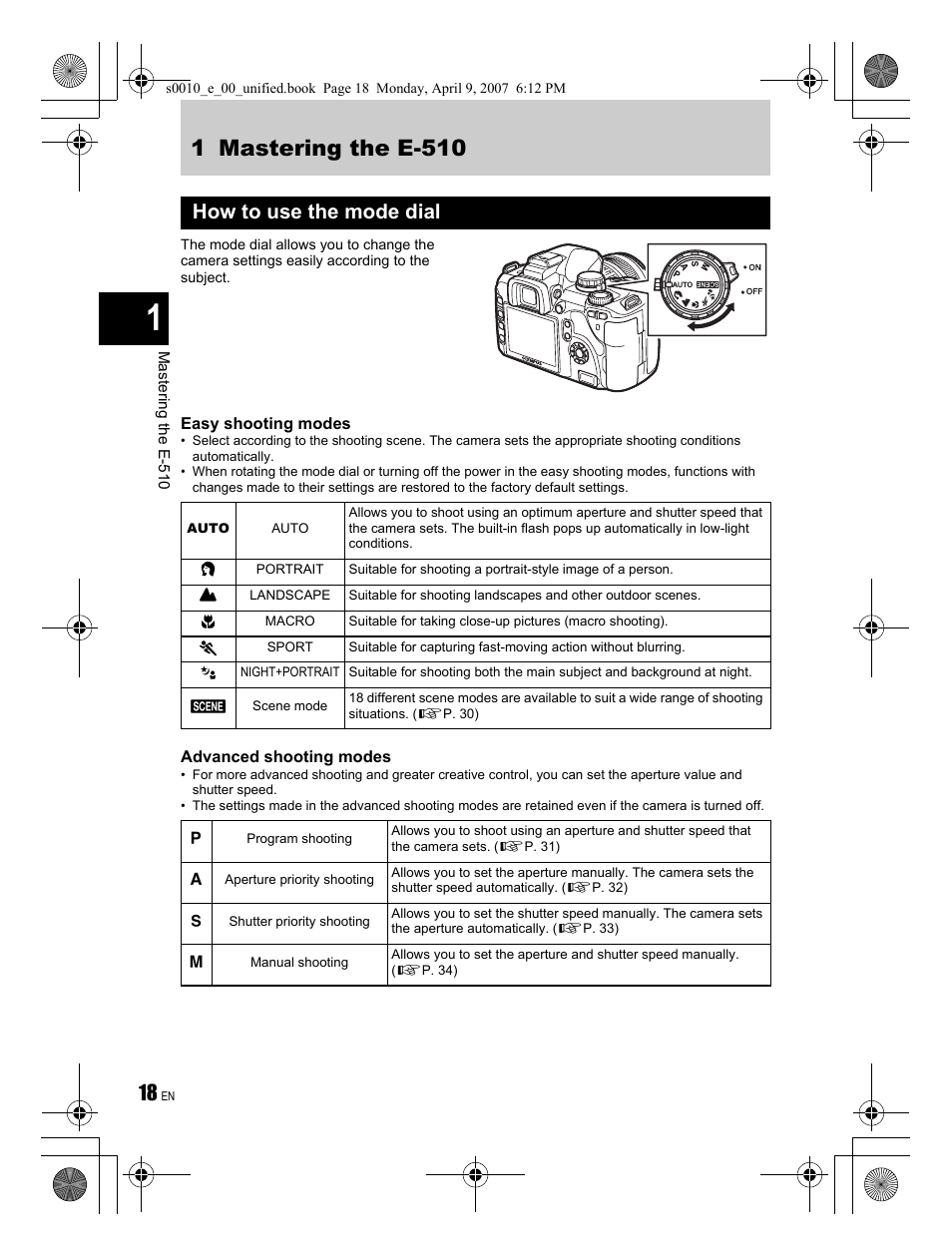 1 mastering the e-510, How to use the mode dial | Olympus EVOLT E-510 User Manual | Page 18 / 140