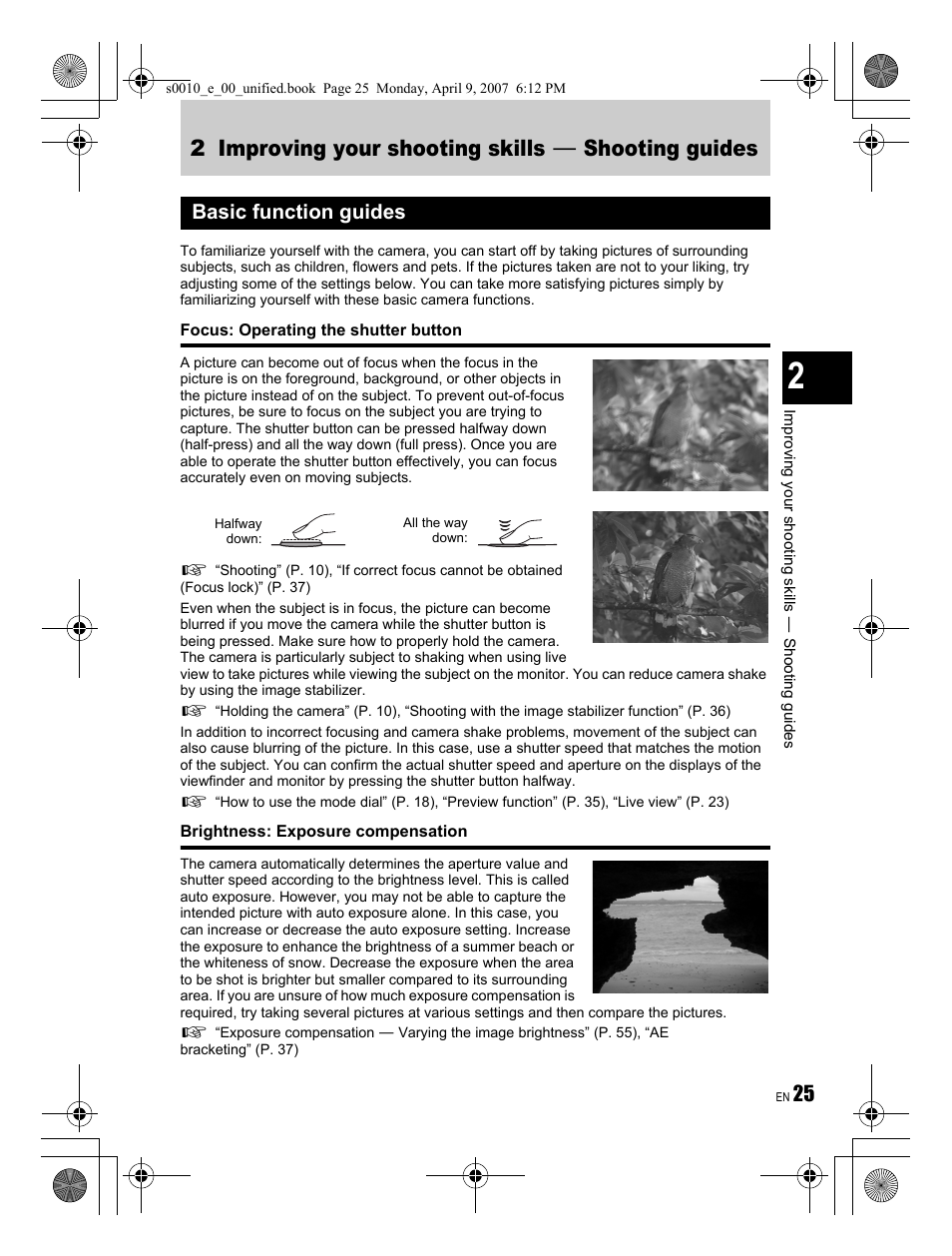 2 improving your shooting skills k shooting guides, Basic function guides | Olympus EVOLT E-510 User Manual | Page 25 / 140