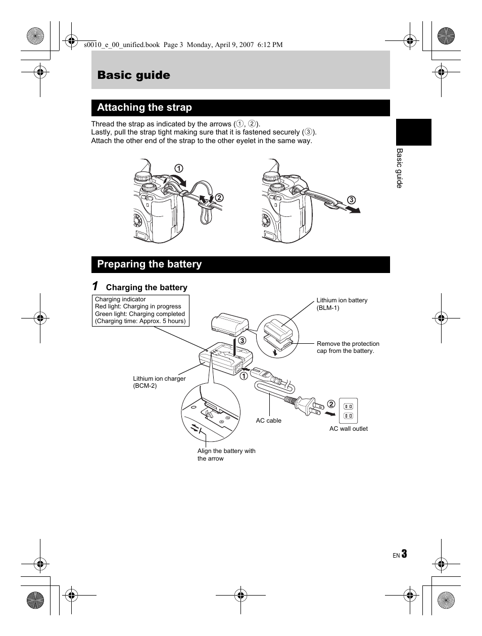 Basic guide, Attaching the strap preparing the battery | Olympus EVOLT E-510 User Manual | Page 3 / 140