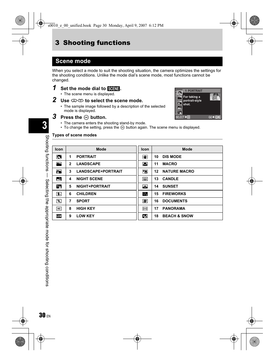 3 shooting functions, Scene mode | Olympus EVOLT E-510 User Manual | Page 30 / 140