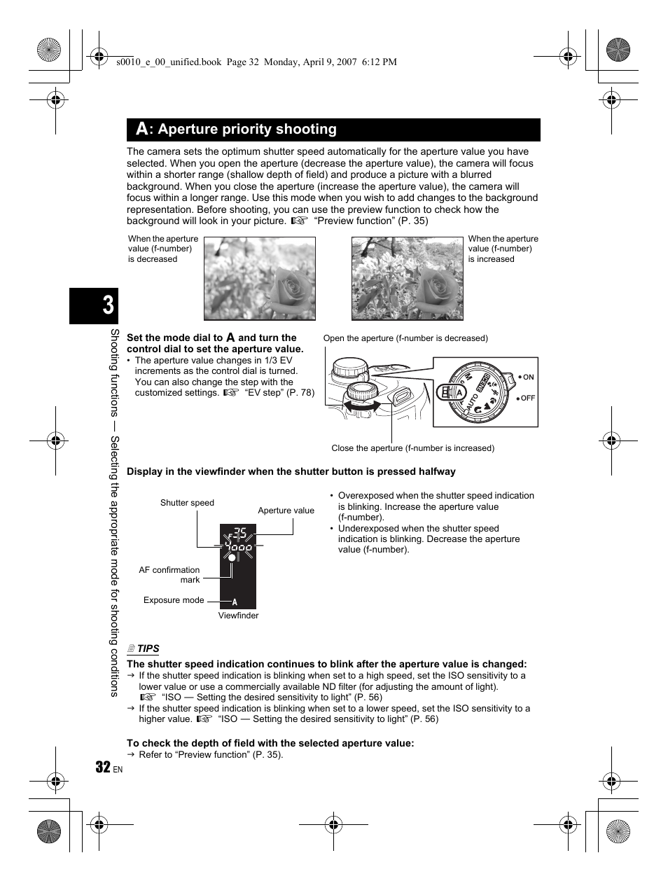 A : aperture priority shooting | Olympus EVOLT E-510 User Manual | Page 32 / 140