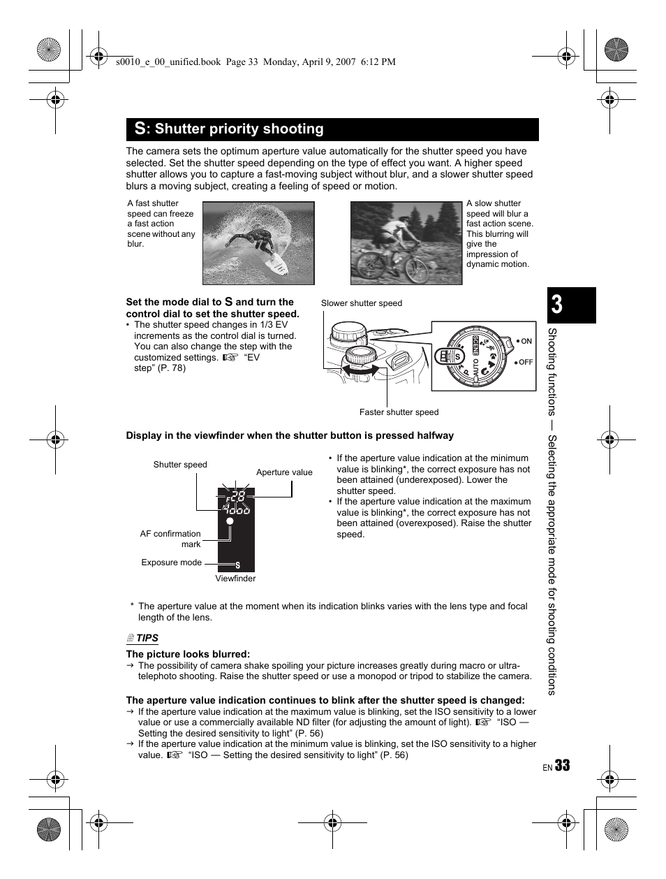 S : shutter priority shooting | Olympus EVOLT E-510 User Manual | Page 33 / 140