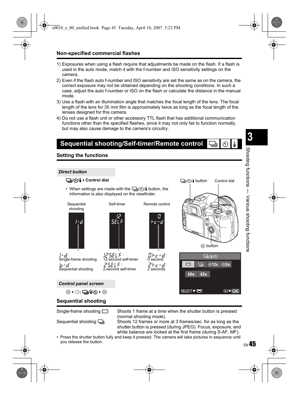 Sequential shooting/self-timer/remote control | Olympus EVOLT E-510 User Manual | Page 45 / 140