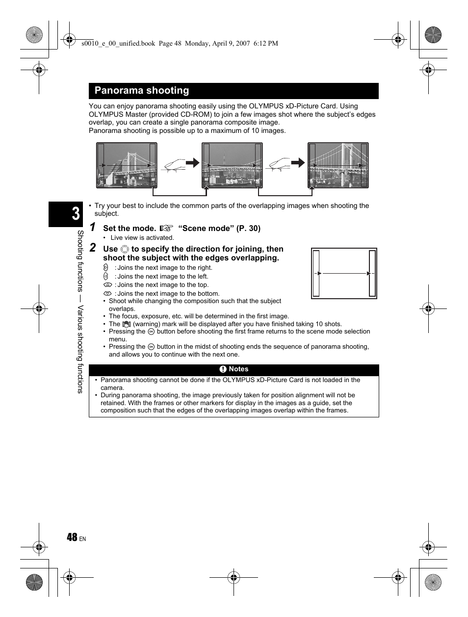 Panorama shooting | Olympus EVOLT E-510 User Manual | Page 48 / 140