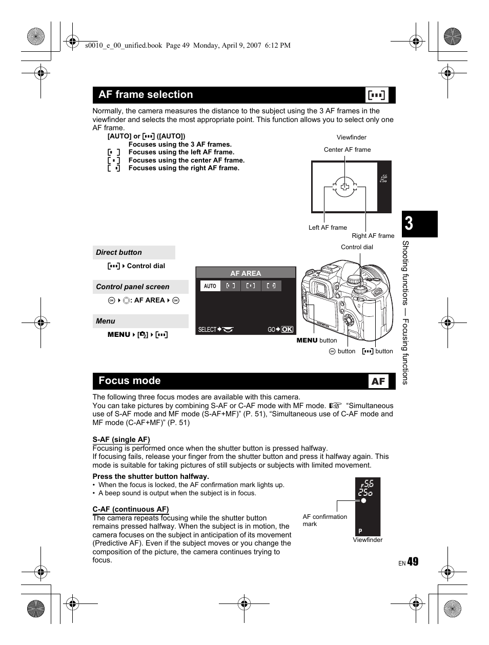 Af frame selection, Focus mode | Olympus EVOLT E-510 User Manual | Page 49 / 140
