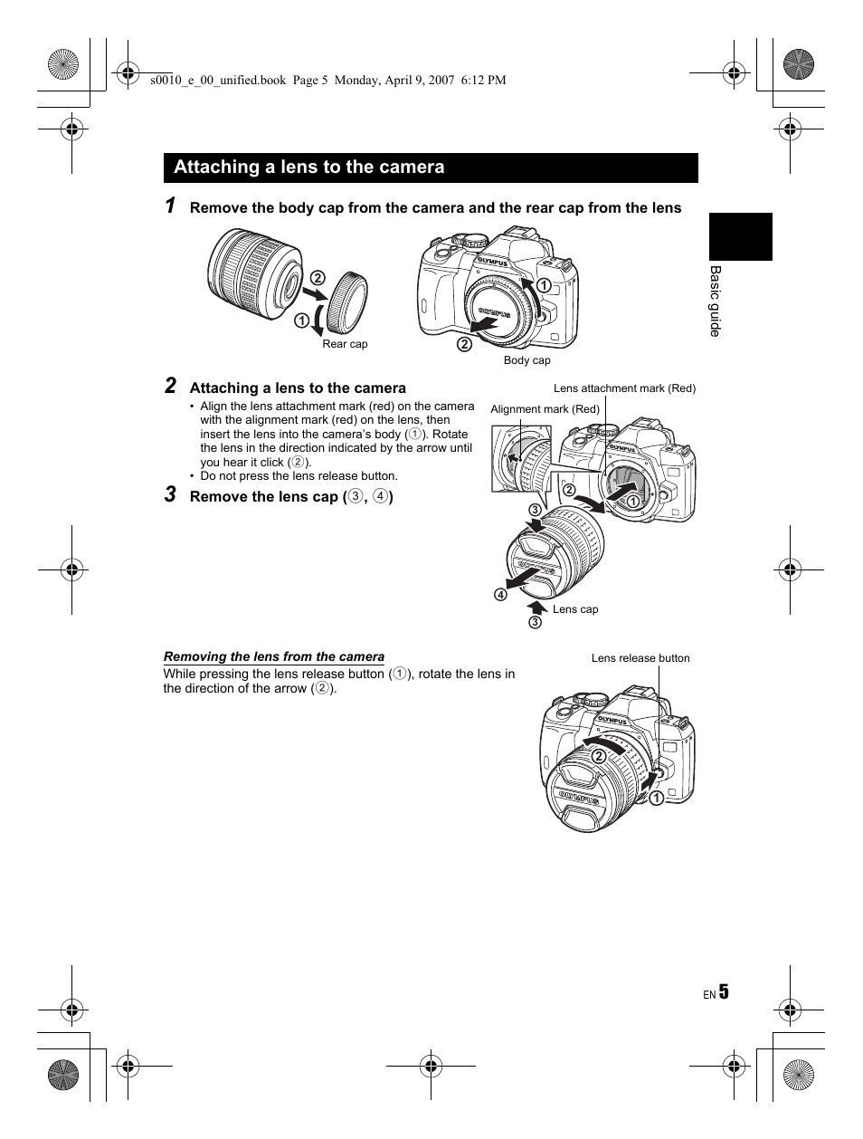 Attaching a lens to the camera | Olympus EVOLT E-510 User Manual | Page 5 / 140