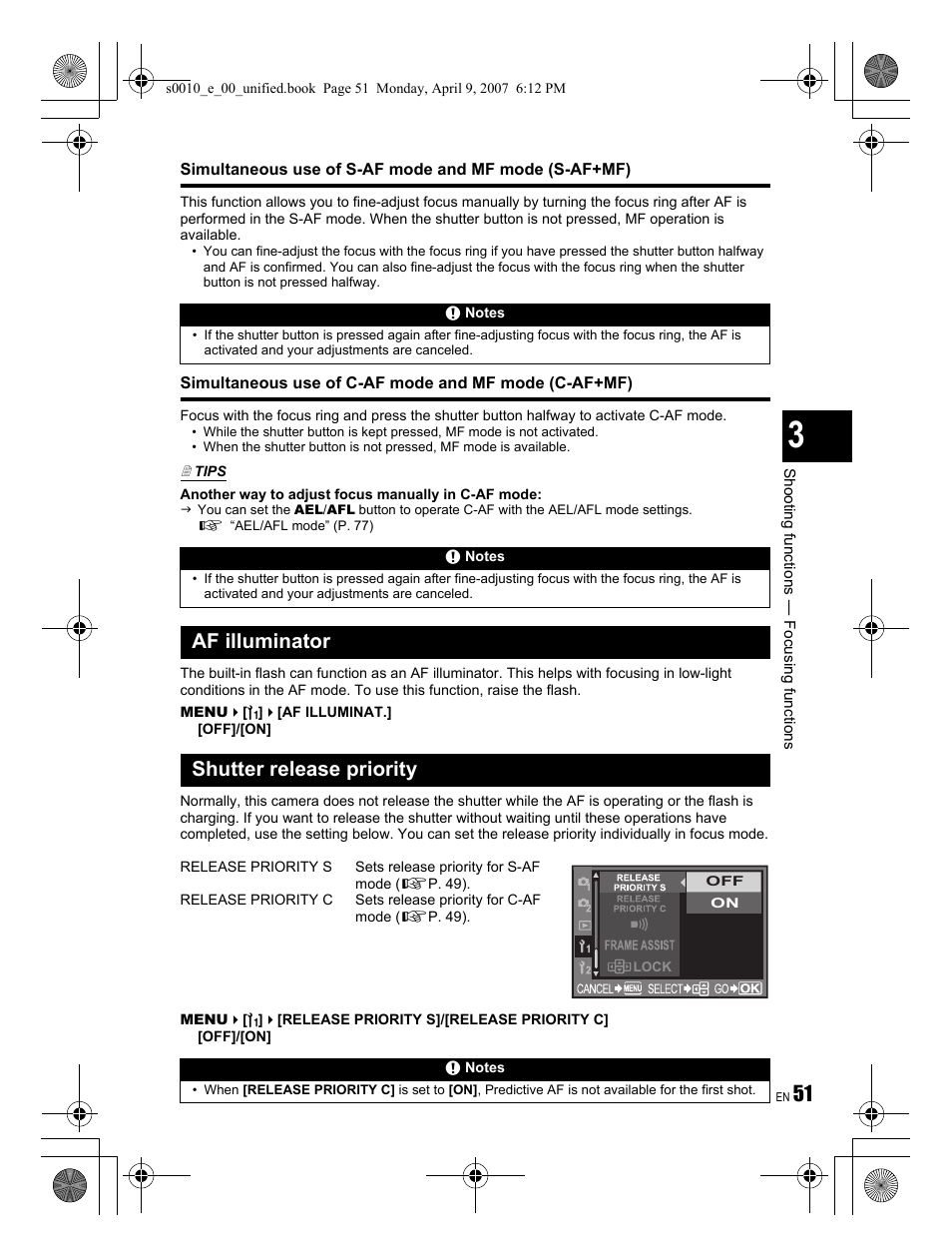Af illuminator shutter release priority | Olympus EVOLT E-510 User Manual | Page 51 / 140