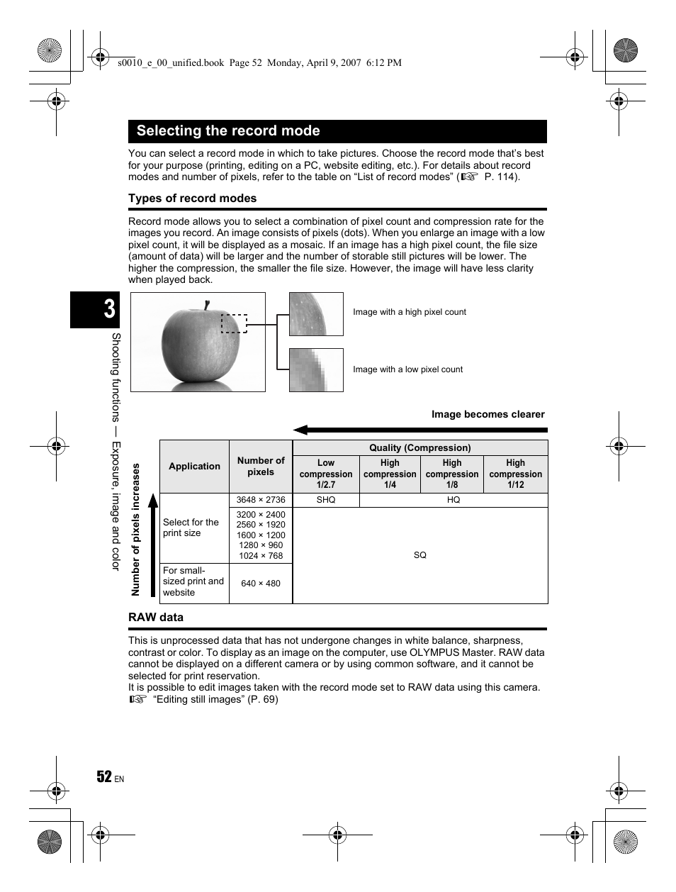 Selecting the record mode | Olympus EVOLT E-510 User Manual | Page 52 / 140