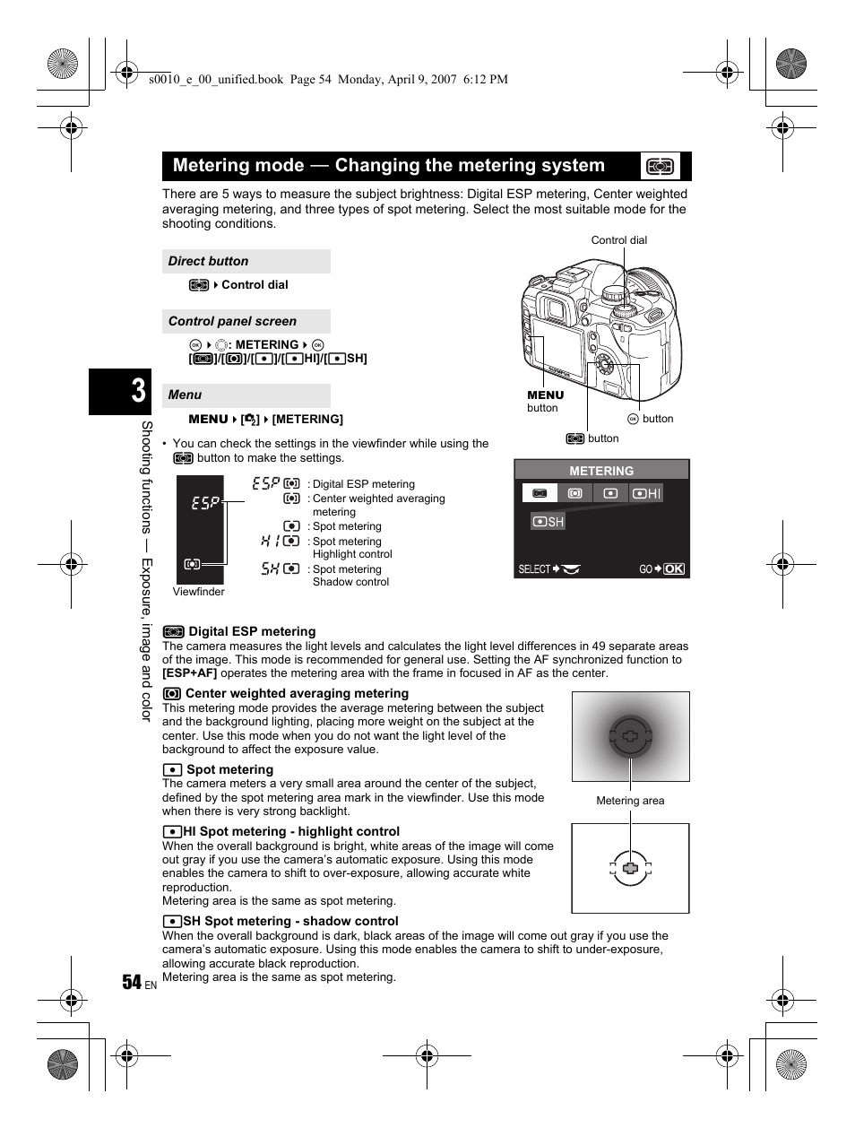 Metering mode k changing the metering system | Olympus EVOLT E-510 User Manual | Page 54 / 140