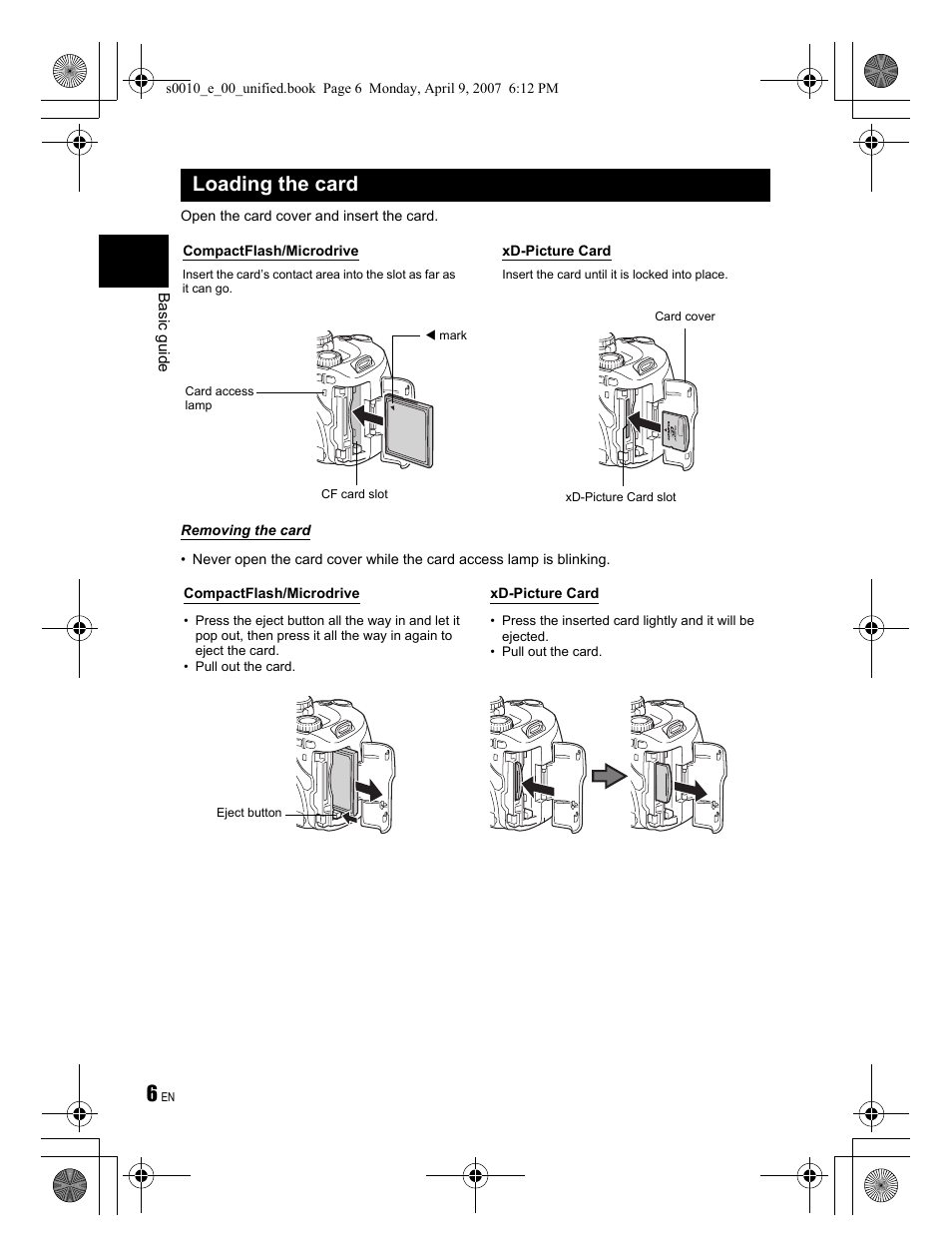 Loading the card | Olympus EVOLT E-510 User Manual | Page 6 / 140