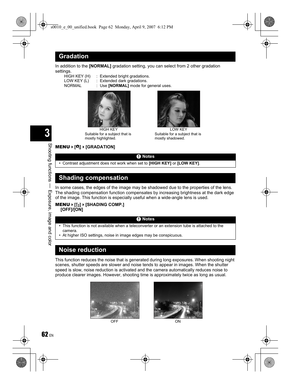 Gradation, Shading compensation, Noise reduction | Olympus EVOLT E-510 User Manual | Page 62 / 140