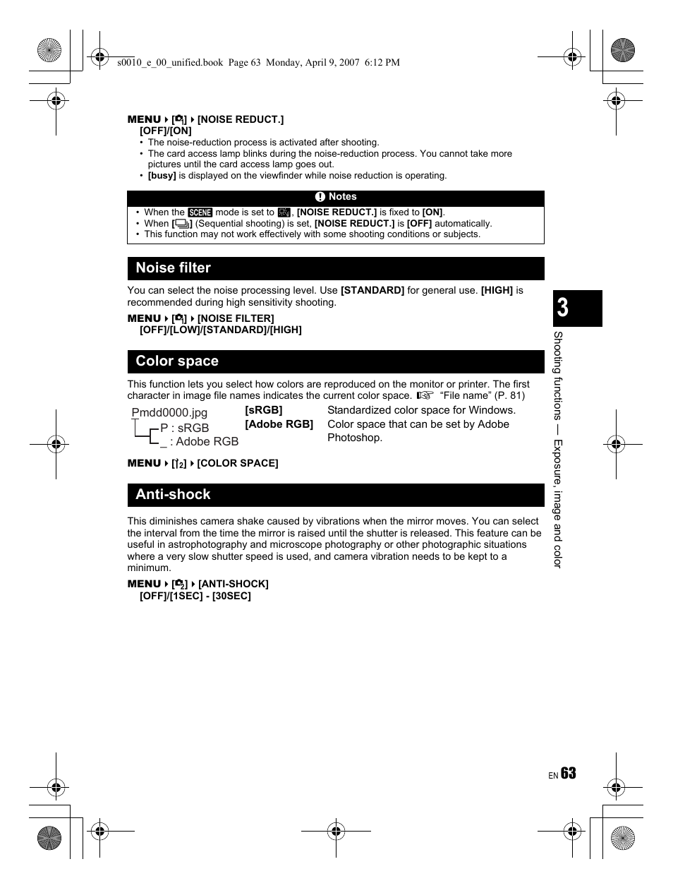 Noise filter color space anti-shock | Olympus EVOLT E-510 User Manual | Page 63 / 140