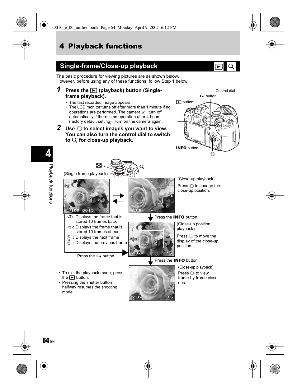 4 playback functions, Single-frame/close-up playback | Olympus EVOLT E-510 User Manual | Page 64 / 140