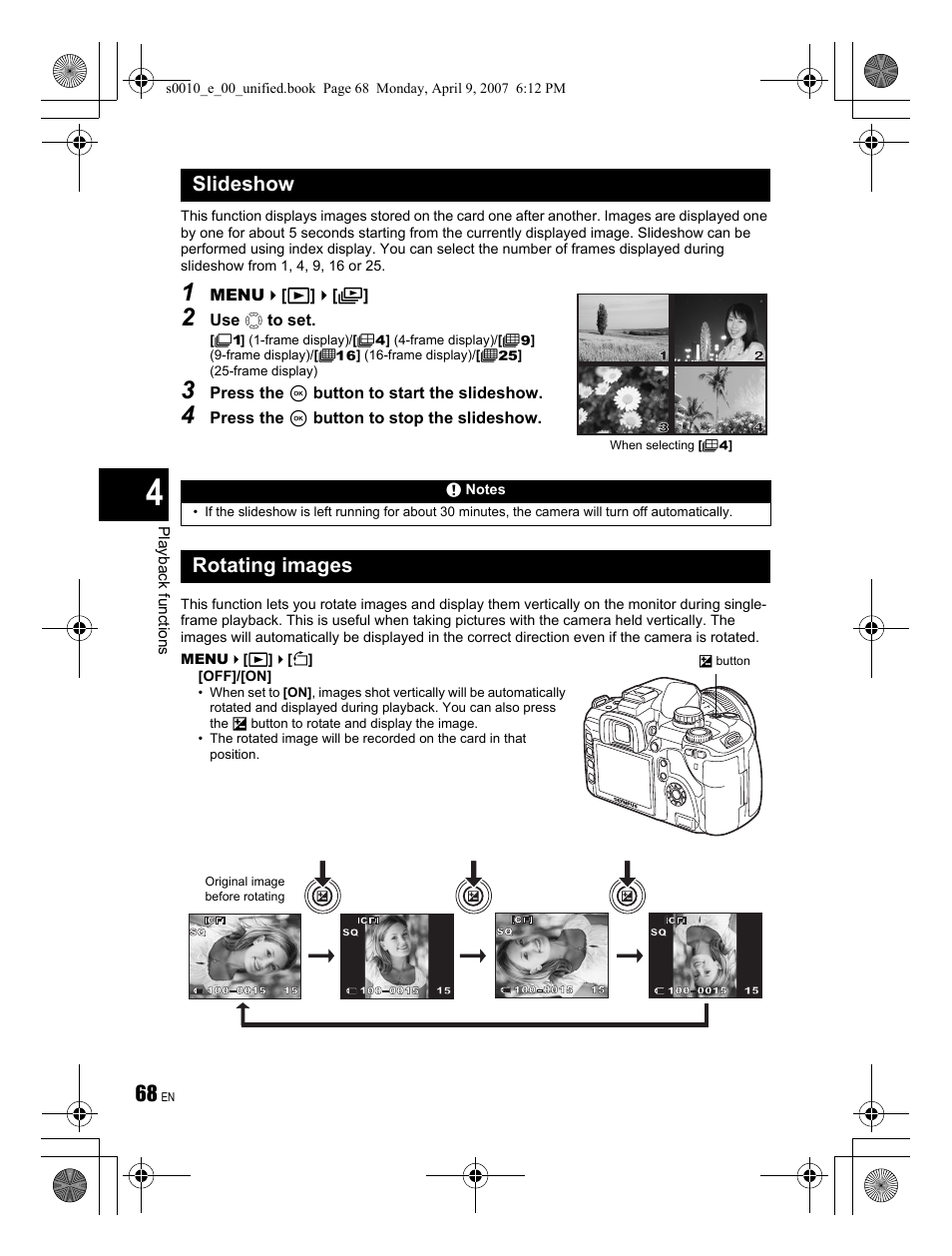 Slideshow, Rotating images | Olympus EVOLT E-510 User Manual | Page 68 / 140