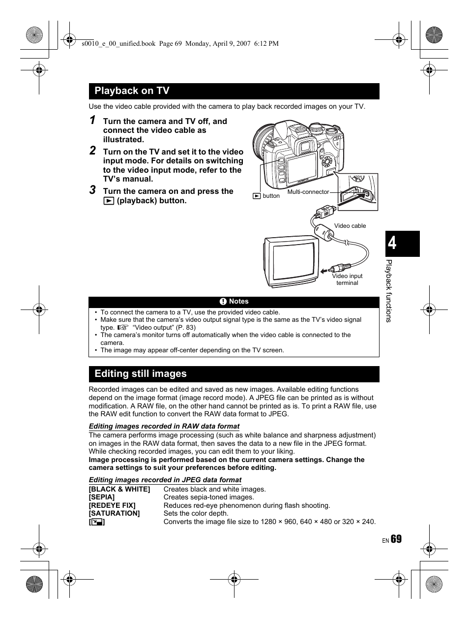 Playback on tv, Editing still images | Olympus EVOLT E-510 User Manual | Page 69 / 140