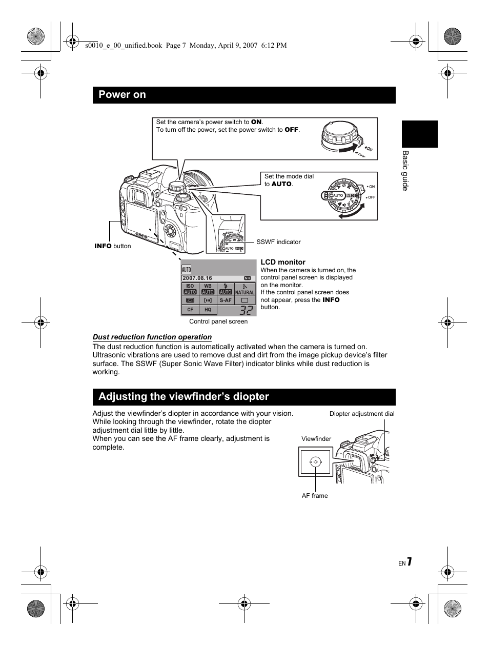 Power on adjusting the viewfinder’s diopter | Olympus EVOLT E-510 User Manual | Page 7 / 140