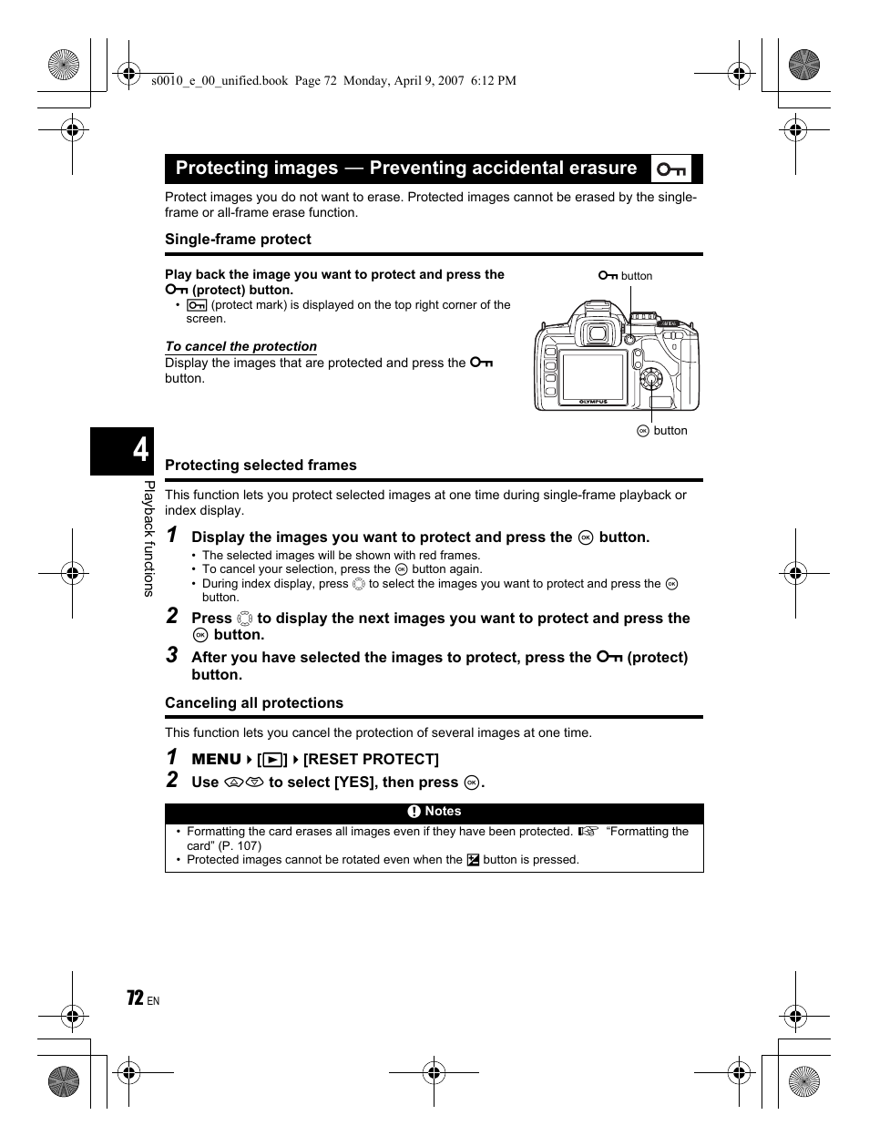 Protecting images k preventing accidental erasure | Olympus EVOLT E-510 User Manual | Page 72 / 140