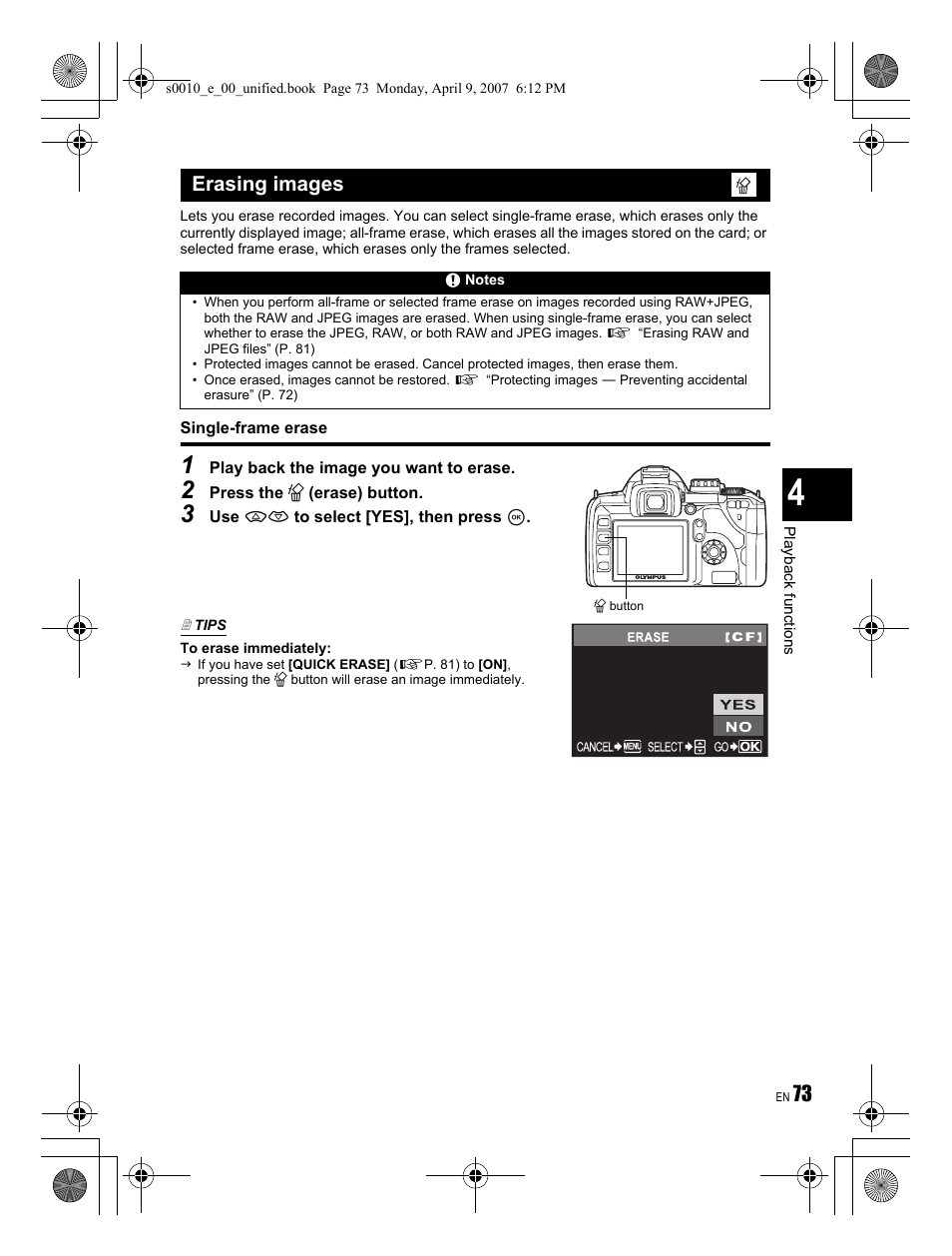 Erasing images | Olympus EVOLT E-510 User Manual | Page 73 / 140
