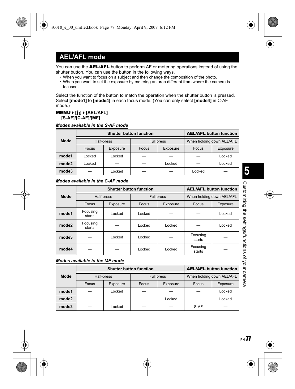 Ael/afl mode | Olympus EVOLT E-510 User Manual | Page 77 / 140