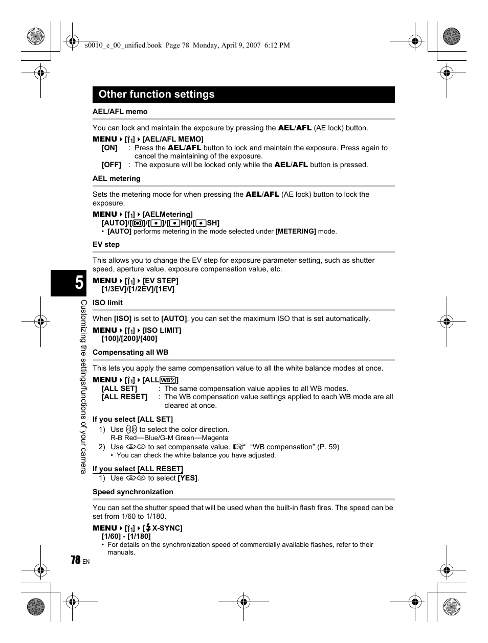 Other function settings | Olympus EVOLT E-510 User Manual | Page 78 / 140