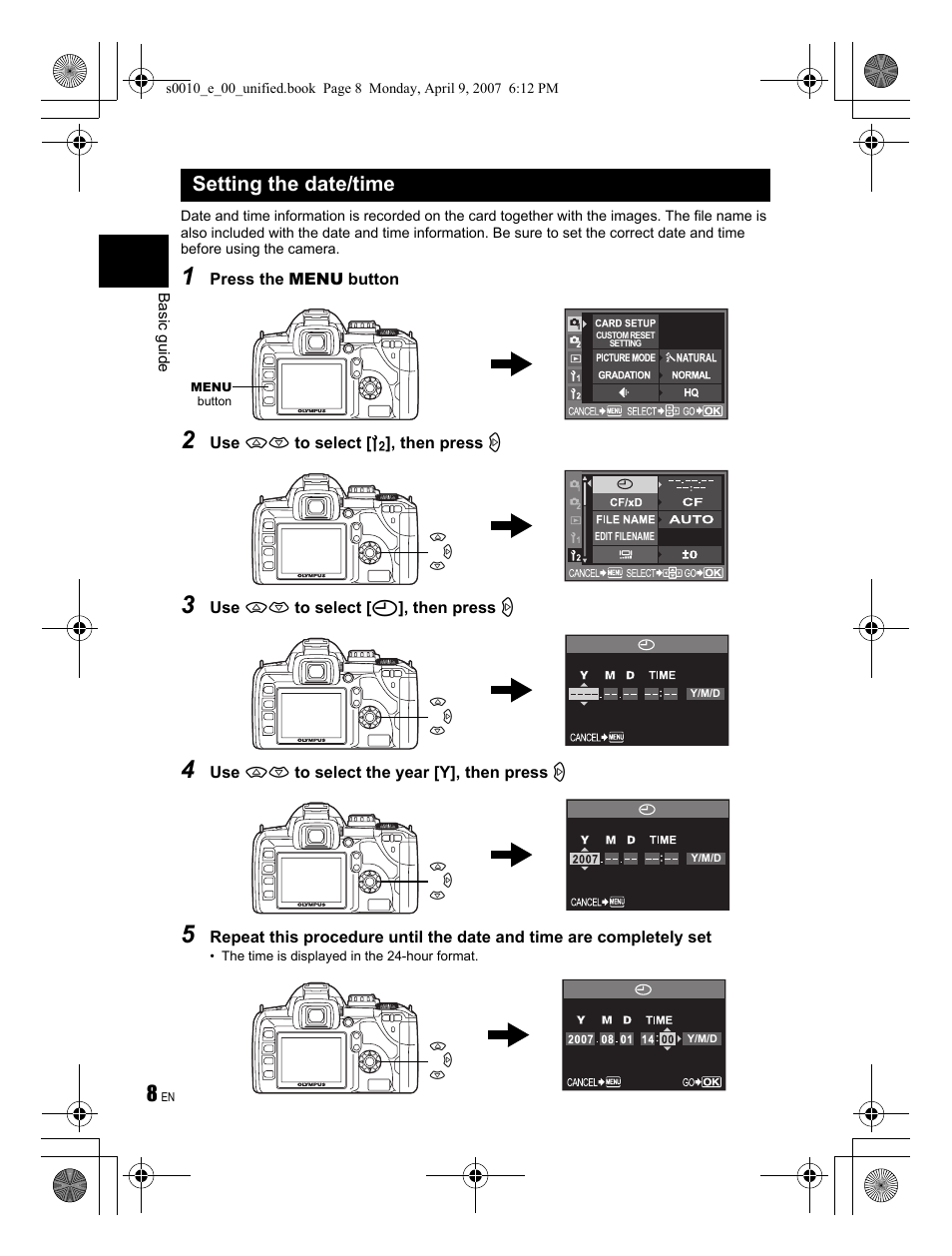 Setting the date/time | Olympus EVOLT E-510 User Manual | Page 8 / 140