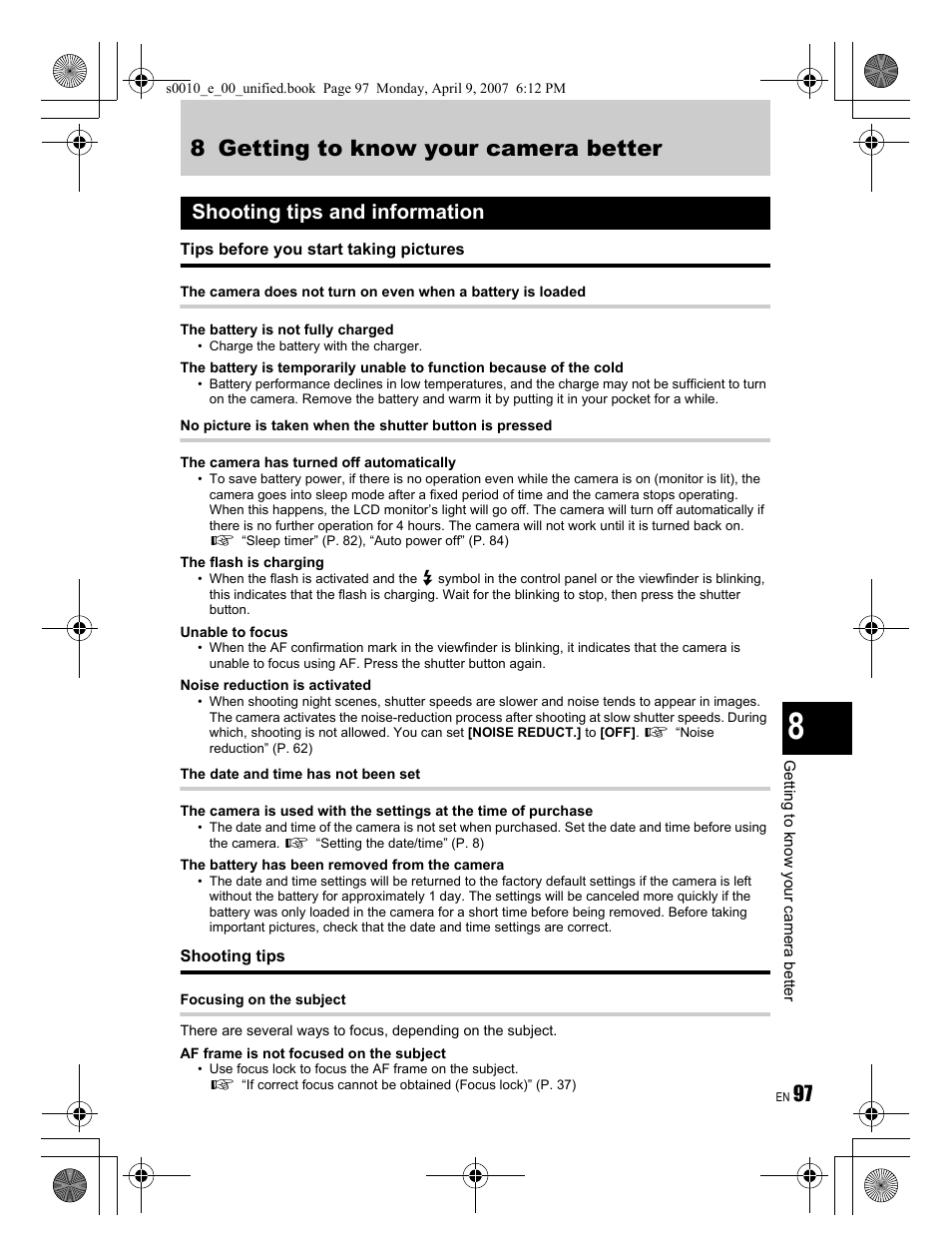 8 getting to know your camera better, Shooting tips and information | Olympus EVOLT E-510 User Manual | Page 97 / 140