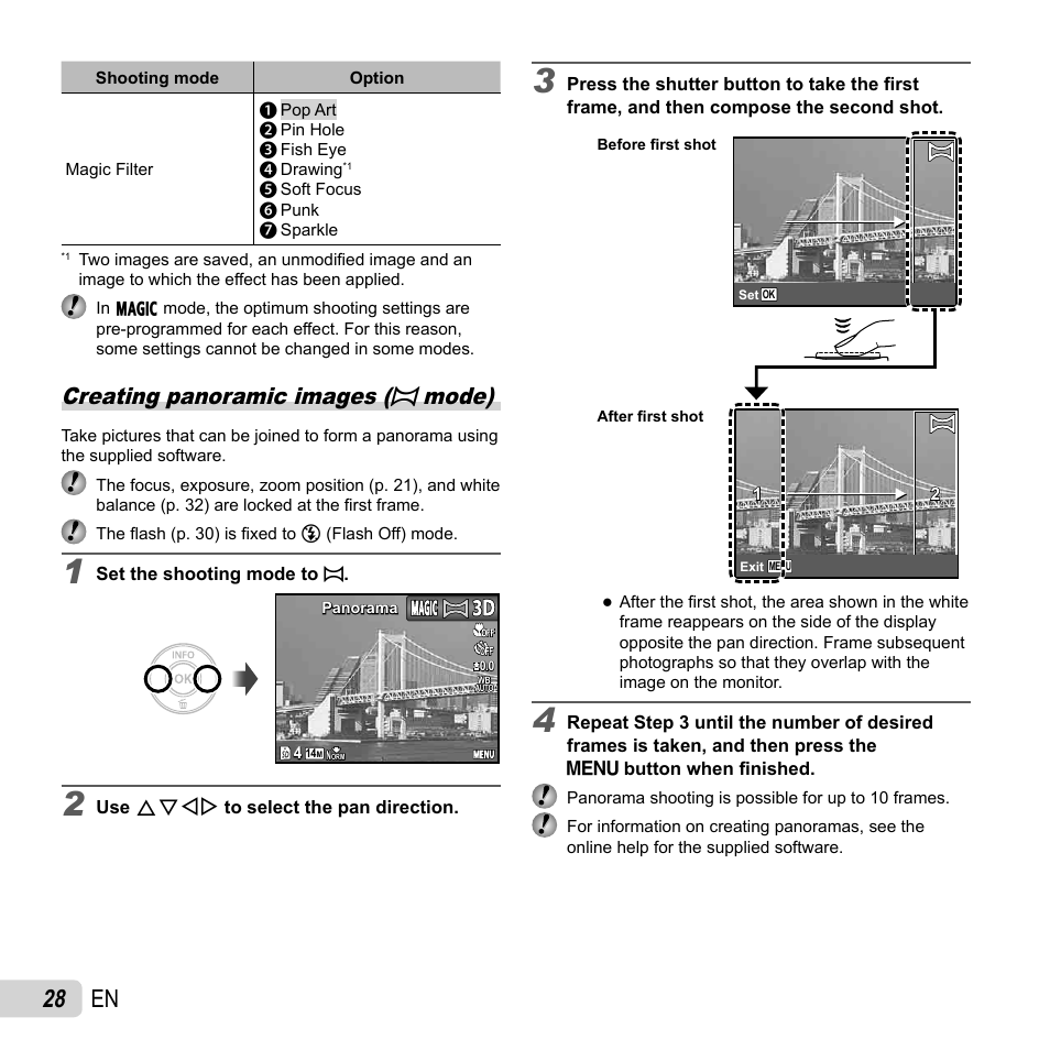 28 en, Creating panoramic images ( ~ mode) | Olympus VR-320 User Manual | Page 28 / 76