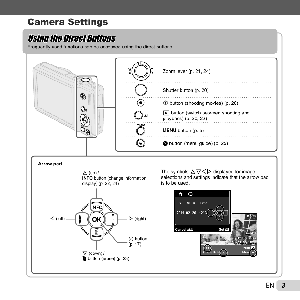 Using the direct buttons, Camera settings | Olympus VR-320 User Manual | Page 3 / 76