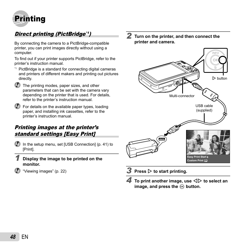 Printing, 48 en, Direct printing (pictbridge | Olympus VR-320 User Manual | Page 48 / 76