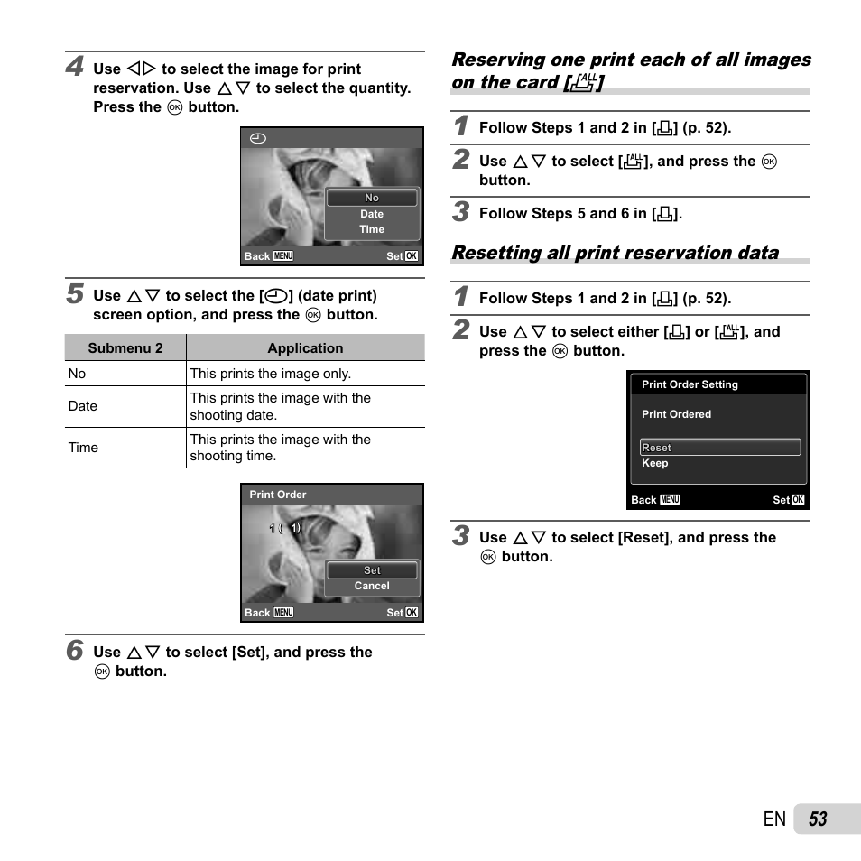 53 en, Resetting all print reservation data | Olympus VR-320 User Manual | Page 53 / 76
