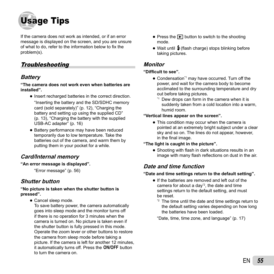 Usage tips, 55 en, Troubleshooting | Battery, Shutter button, Monitor, Date and time function | Olympus VR-320 User Manual | Page 55 / 76