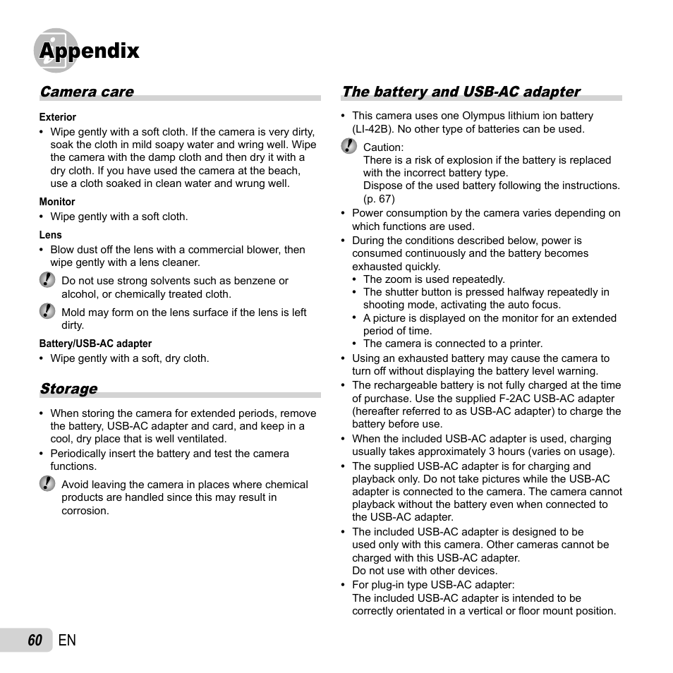 Appendix, 60 en, Camera care | Storage, The battery and usb-ac adapter | Olympus VR-320 User Manual | Page 60 / 76