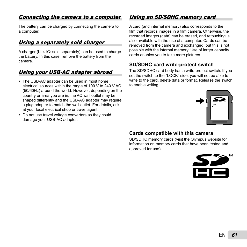 61 en, Connecting the camera to a computer, Using a separately sold charger | Using your usb-ac adapter abroad | Olympus VR-320 User Manual | Page 61 / 76