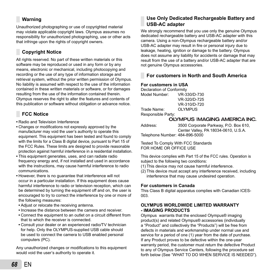 68 en | Olympus VR-320 User Manual | Page 68 / 76