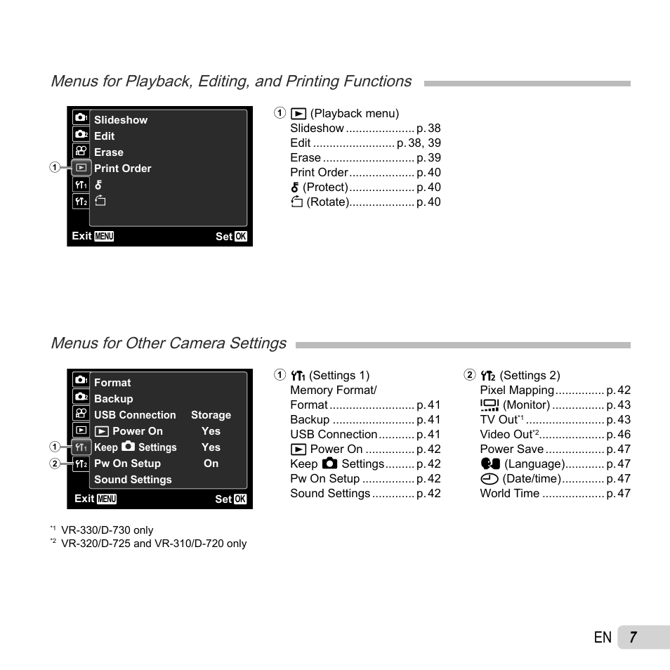 Menus for other camera settings | Olympus VR-320 User Manual | Page 7 / 76