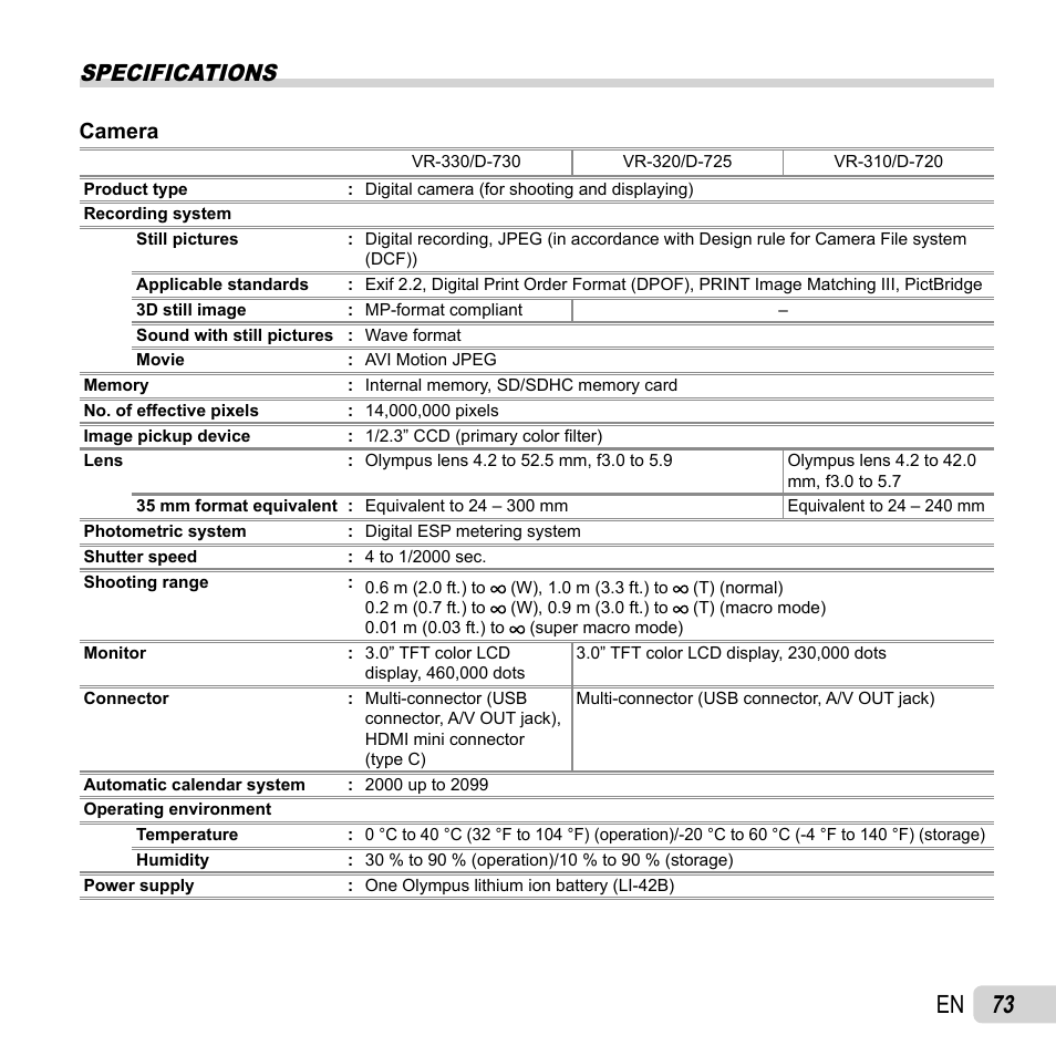 73 en, Specifications, Camera | Olympus VR-320 User Manual | Page 73 / 76