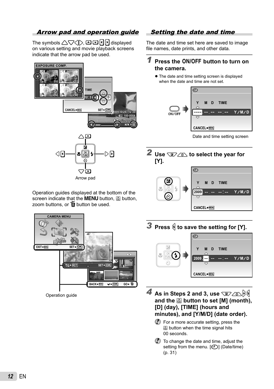 12 en arrow pad and operation guide, Setting the date and time, Press the n button to turn on the camera | Use kl to select the year for [y, Press n to save the setting for [y | Olympus FE-26 User Manual | Page 12 / 60