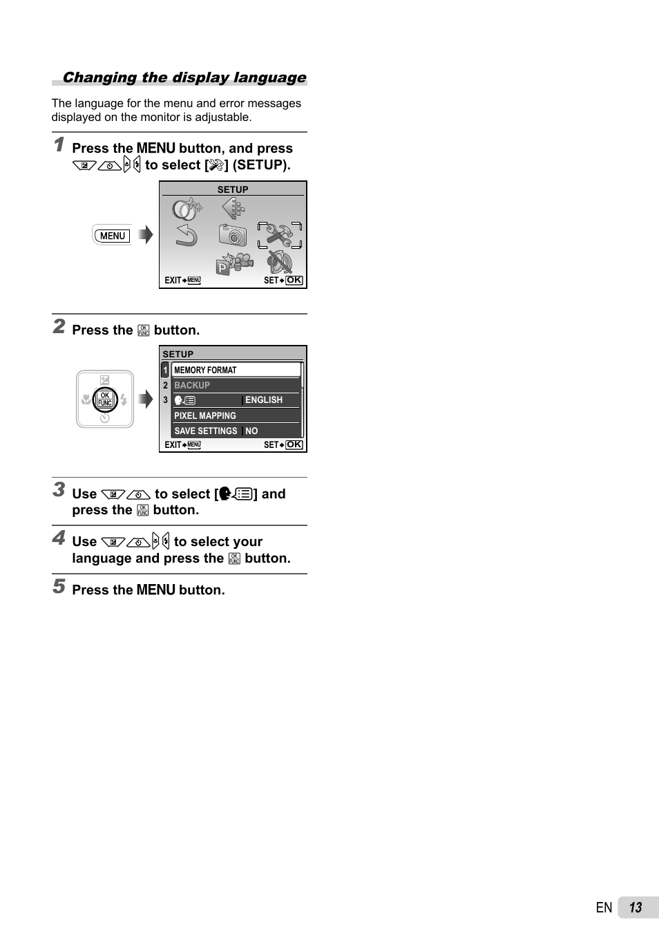 13 en changing the display language | Olympus FE-26 User Manual | Page 13 / 60