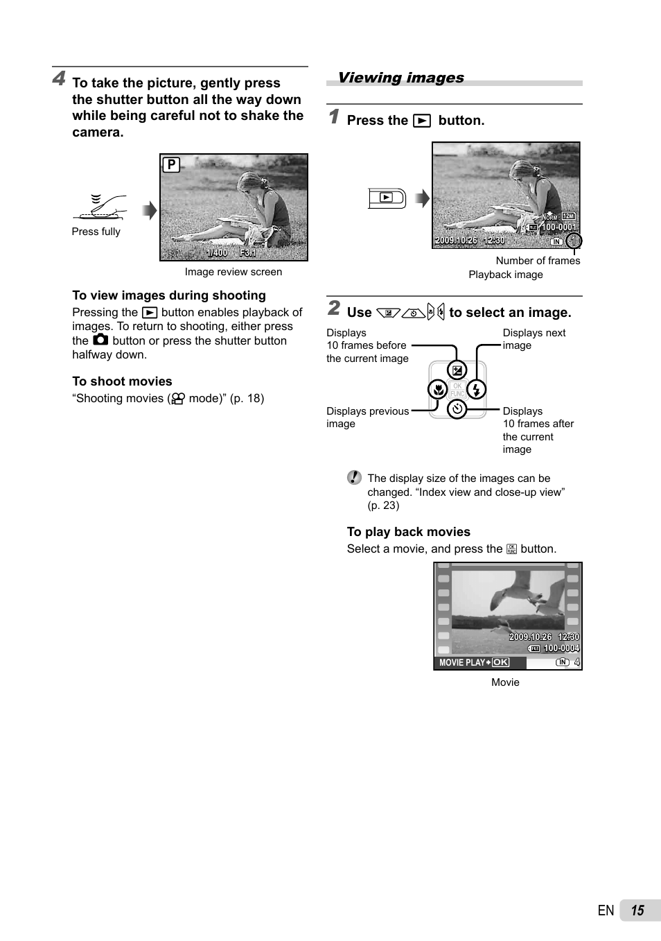 15 en, Viewing images | Olympus FE-26 User Manual | Page 15 / 60