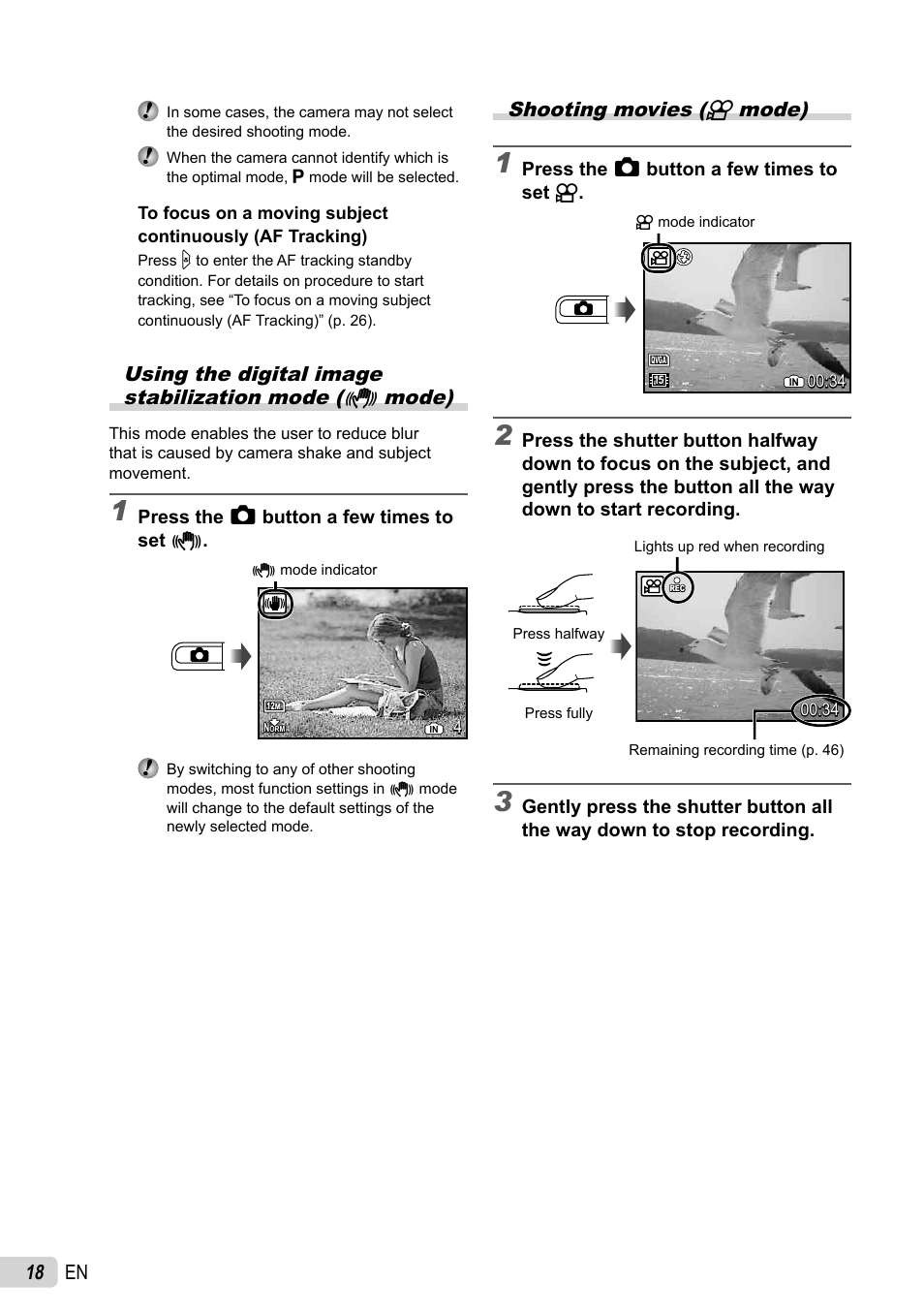 18 en, Shooting movies ( n mode) | Olympus FE-26 User Manual | Page 18 / 60