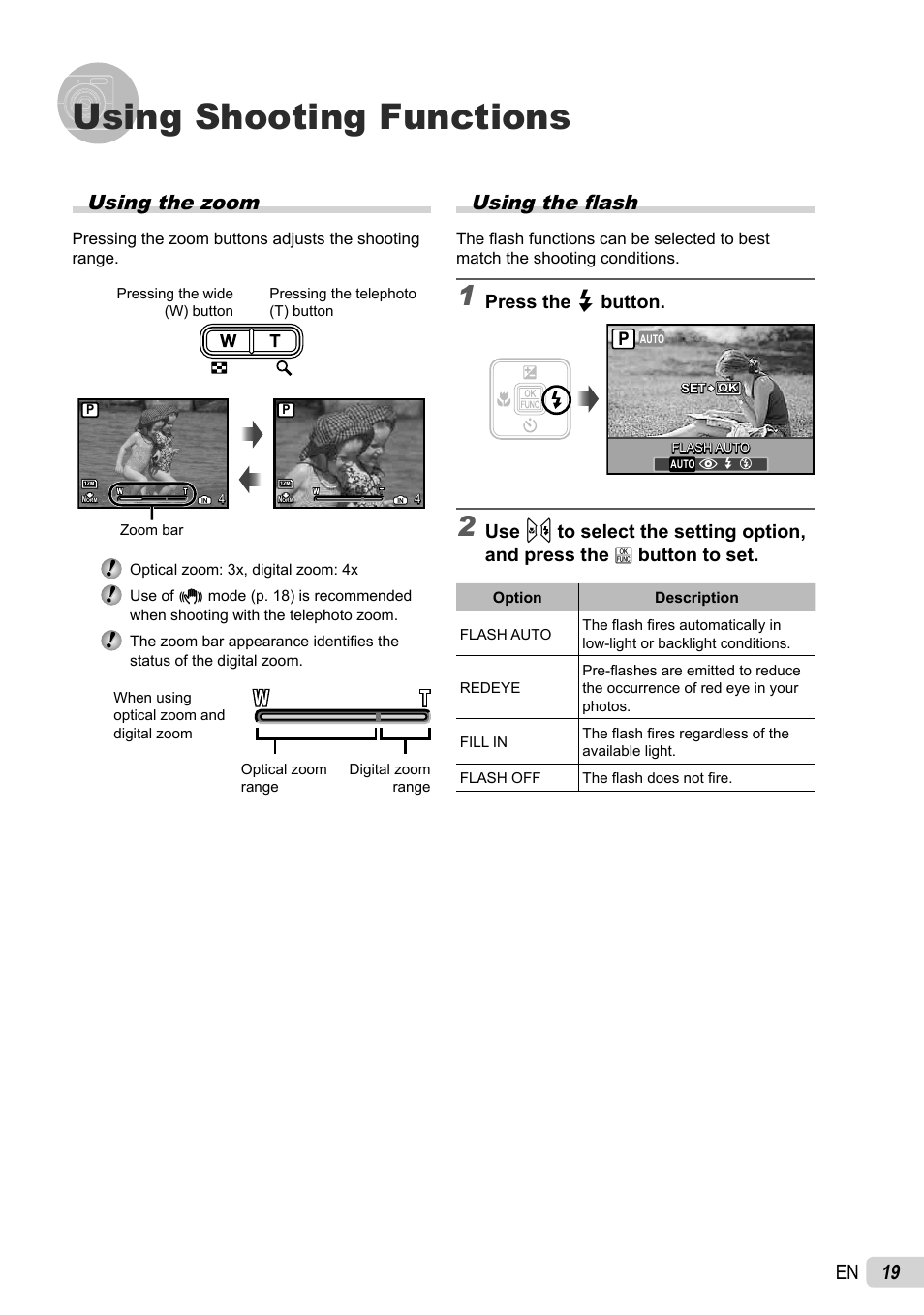 Using shooting functions, 19 en using the fl ash, Using the zoom | Press the # button | Olympus FE-26 User Manual | Page 19 / 60