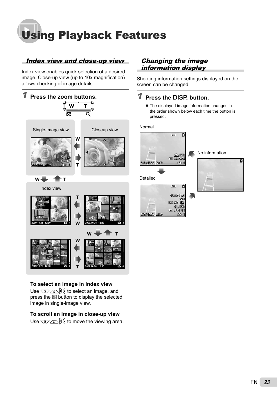 Using playback features, 23 en index view and close-up view, Changing the image information display | Press the zoom buttons, Press the g button, Use klmn to move the viewing area | Olympus FE-26 User Manual | Page 23 / 60