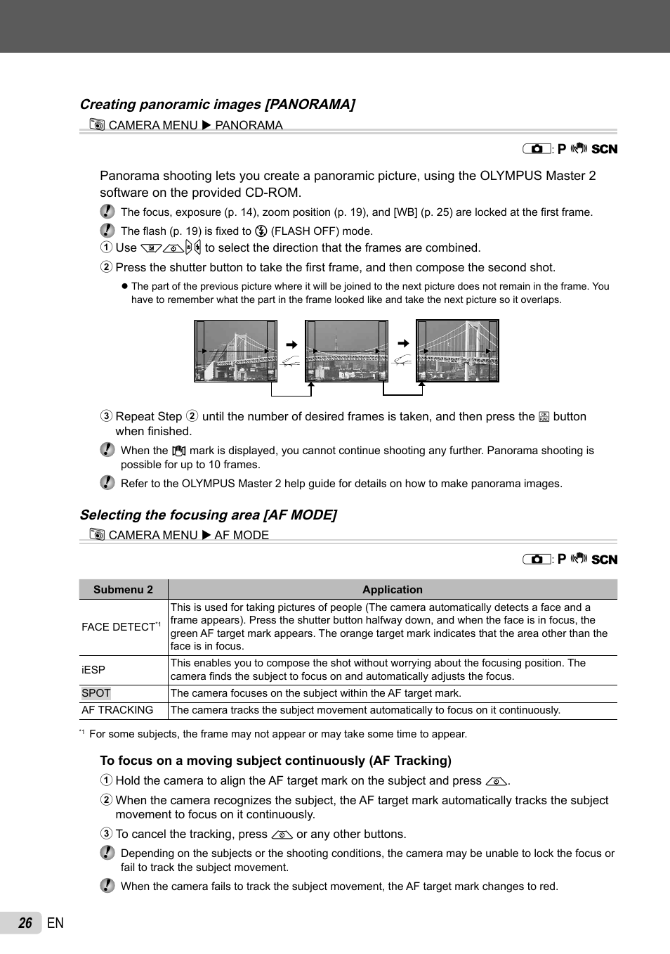 26 en, Creating panoramic images [ panorama] b, Selecting the focusing area [af mode] b | Olympus FE-26 User Manual | Page 26 / 60