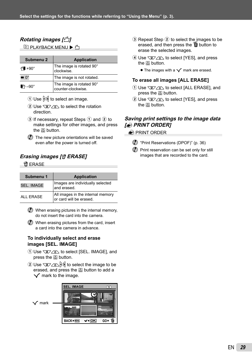 29 en, Rotating images [ y ] j, Erasing images [ k erase] k | Olympus FE-26 User Manual | Page 29 / 60