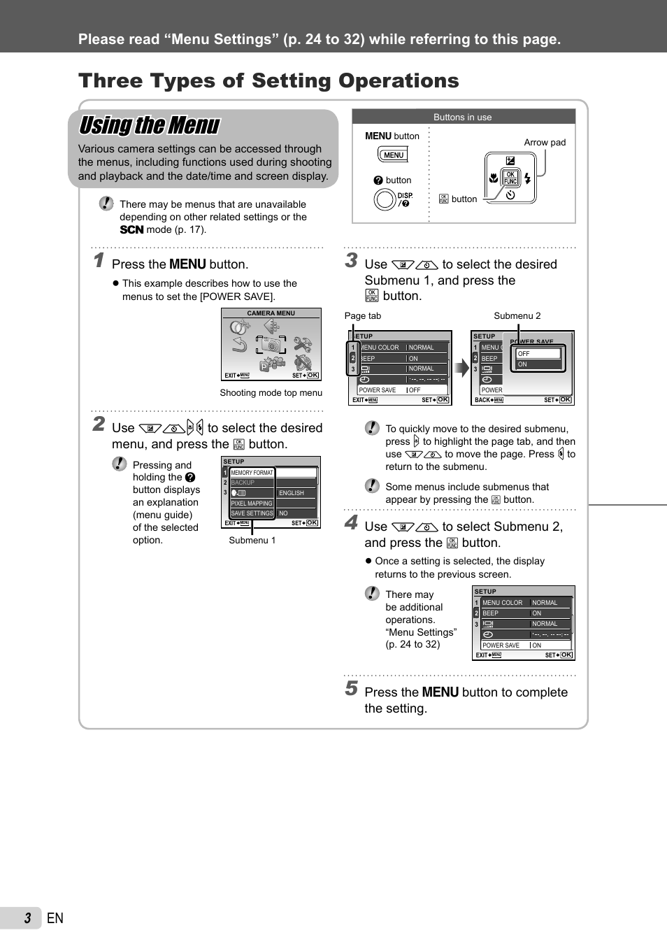 Using the menu using the menu, Three types of setting operations, 3 en | Press the m button, Button, Use kl to select submenu 2, and press the b button, Press the m button to complete the setting | Olympus FE-26 User Manual | Page 3 / 60