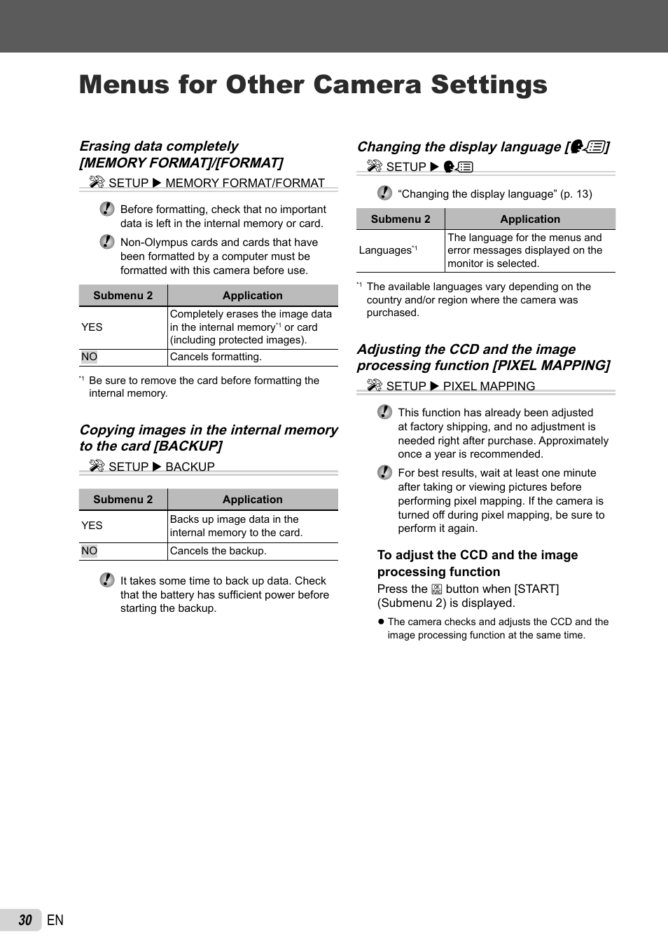 Menus for other camera settings, 30 en, Changing the display language [ w ] e | Olympus FE-26 User Manual | Page 30 / 60