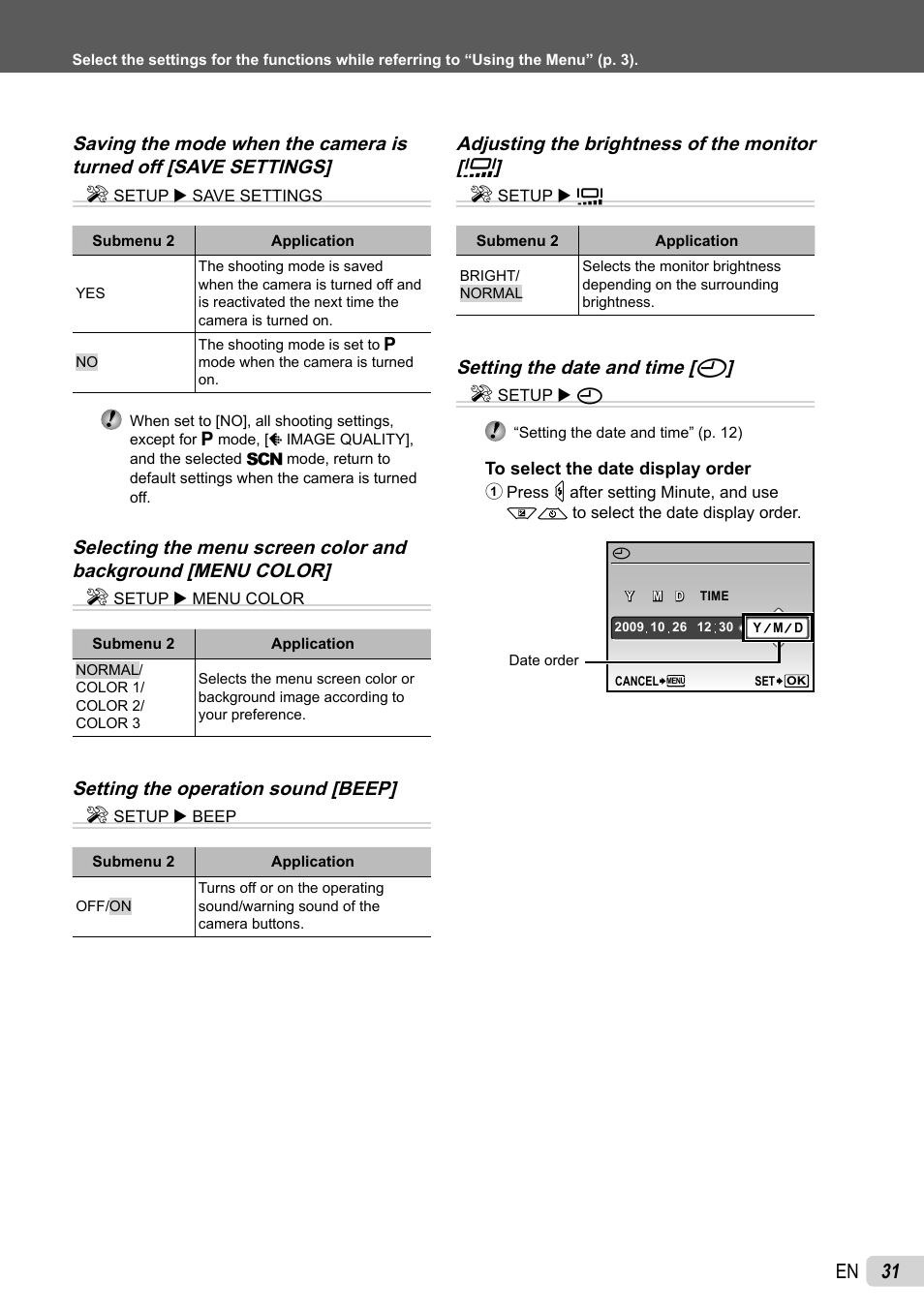 31 en, Adjusting the brightness of the monitor [ s ] e, Setting the date and time [ x ] e | Setting the operation sound [ beep] e | Olympus FE-26 User Manual | Page 31 / 60