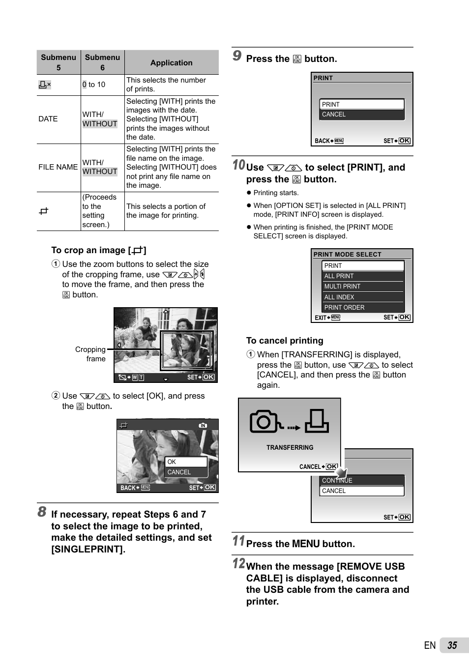 35 en, Press the b button, Use kl to select [print], and press the b button | Press the m button | Olympus FE-26 User Manual | Page 35 / 60