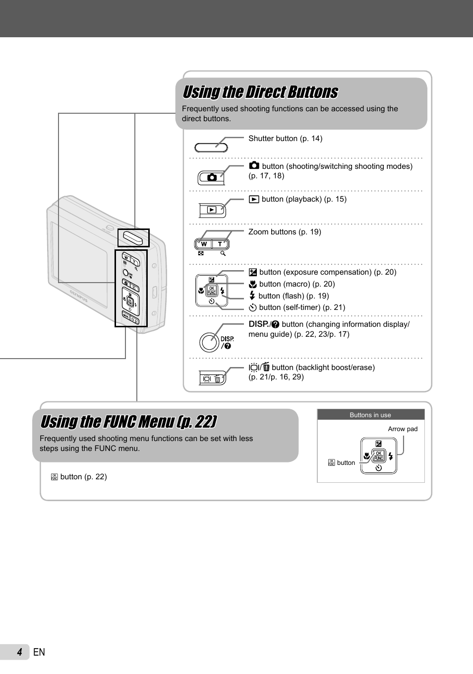 Using the func menu (p. 22), Using the direct buttons | Olympus FE-26 User Manual | Page 4 / 60