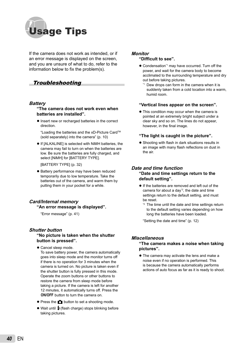 Usage tips, 40 en, Troubleshooting | Olympus FE-26 User Manual | Page 40 / 60